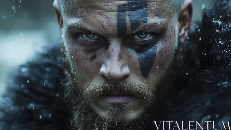 Glacial-eyed warrior close-up with runic warpaint geometry.