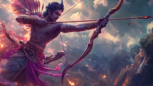 Skybound divine archer looses a flame tipped destiny shot.