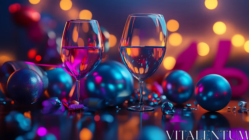 Colorful party wine glasses glow amid festive neon bokeh