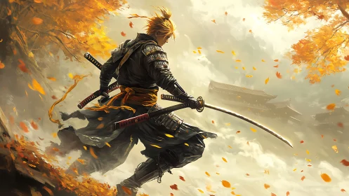 Samurai warrior with drawn katana in autumn landscape scene.