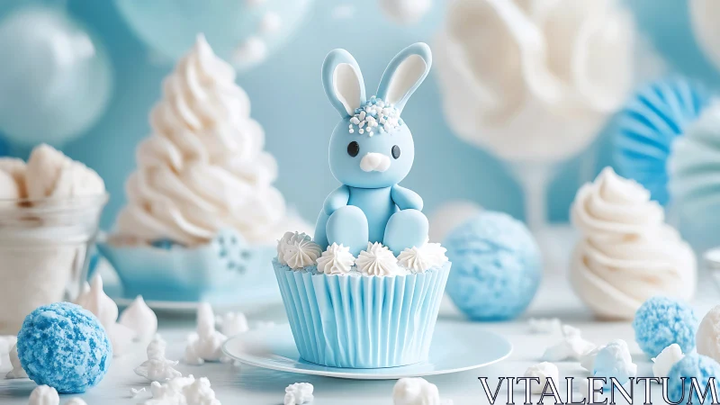 Pastel fondant rabbit cupcake in monochrome aqua dessert field.
