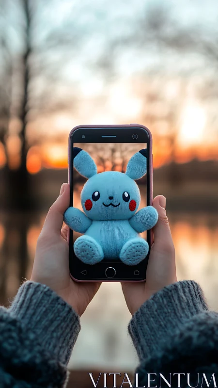 Sky-Blue Character Toy Captured Through Smartphone Magic