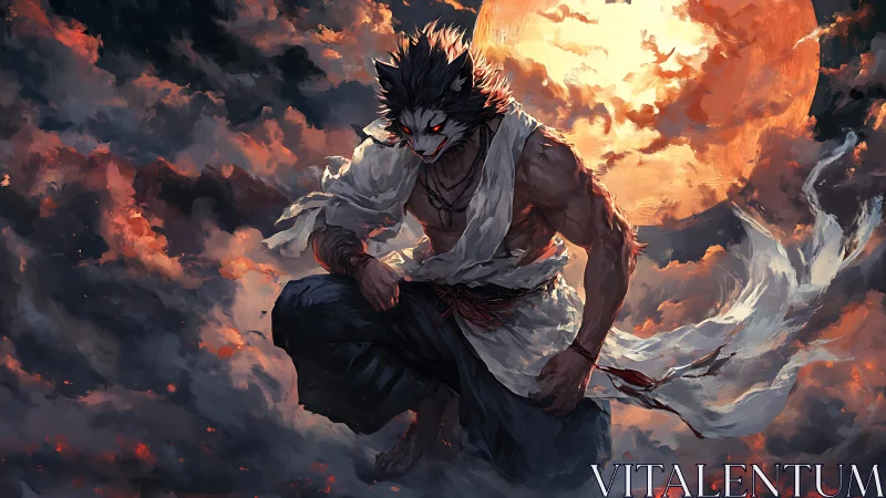 Anthropomorphic warrior figure before large glowing moon.