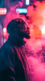 Neon backlit street portrait in dense magenta vapor haze.