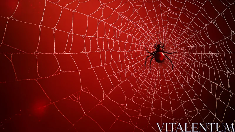 Crimson macro study of dewy orb-weaver web geometry.