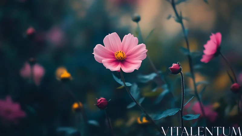 Shallow depth field isolates pink cosmos flowers with selective bokeh rendering