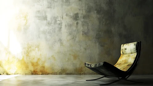 Minimalist lounge chair against textured concrete wall.
