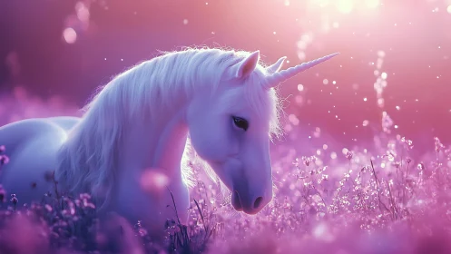 Majestic white unicorn in glowing pink fantasy meadow.