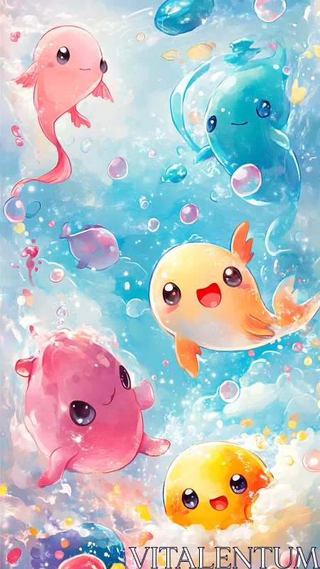 Kawaii aquatic creatures in luminous pastel underwater scene.