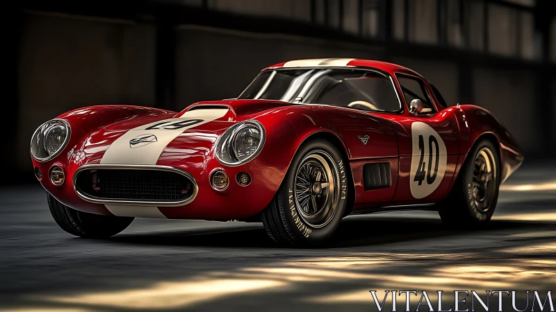 Vintage red race car under cinematic warehouse lighting.