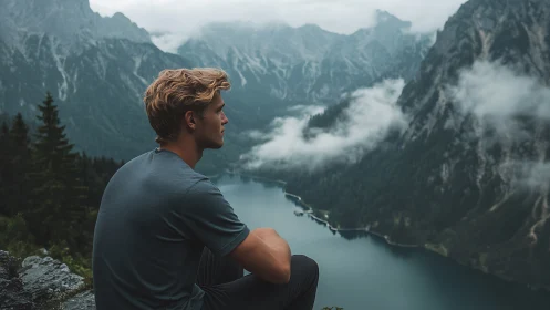 Man sitting above misty mountain lake, looking out.