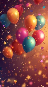 Glowing Balloons With Confetti and Stars Against Warm Gradient