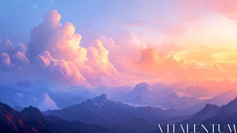 Radiant sunrise bathes tranquil mountains in pastel light.