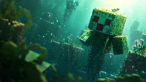 Pixelated sea monster drifts through glowing underwater ruins