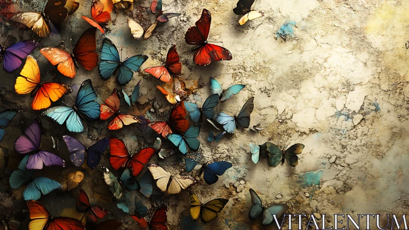 Colorful butterflies drifting softly across a sunlit wall.