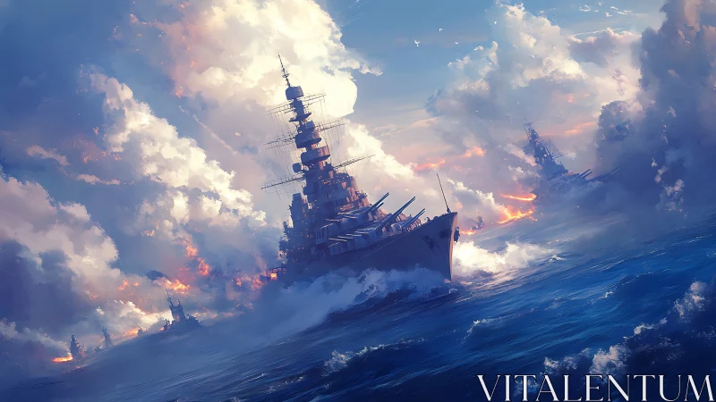 Stormlit battleships charge through blazing ocean combat