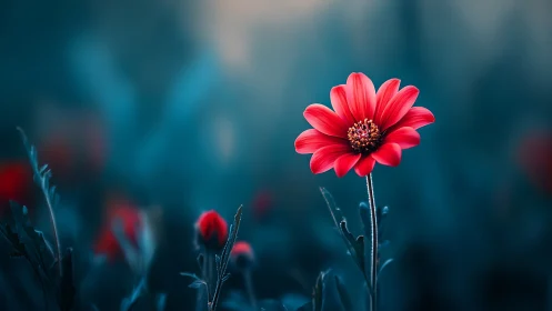 Vibrant Red Gerbera Bloom Against Dreamy Teal Background