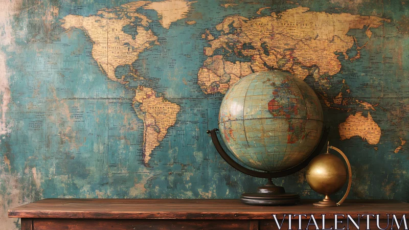 Vintage globes whisper over a timeworn teal world map.