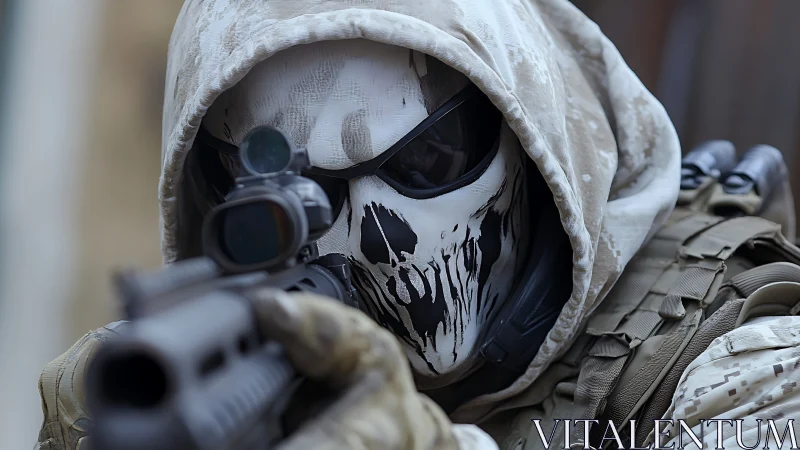 Masked tactical soldier aims rifle with skull faceplate
