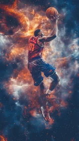 Digital composite shows basketball player jumping through nebula