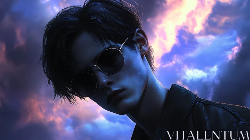 Twilight rebel in sunglasses under a stormy neon sky.