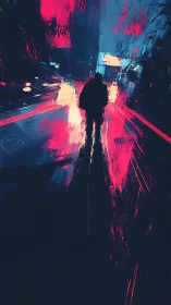 Neon loner strides through rain-slashed electric midnight.