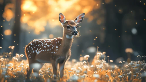 Gentle fawn glowing in golden forest evening light.