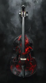 Fiery red cello stands against a dark smoke textured backdrop