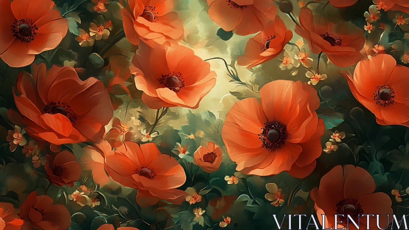 Vibrant Red Poppies Illuminated Against Verdant Foliage.