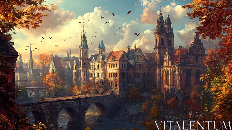 Autumnal river cityscape with neo gothic towers and stone bridge