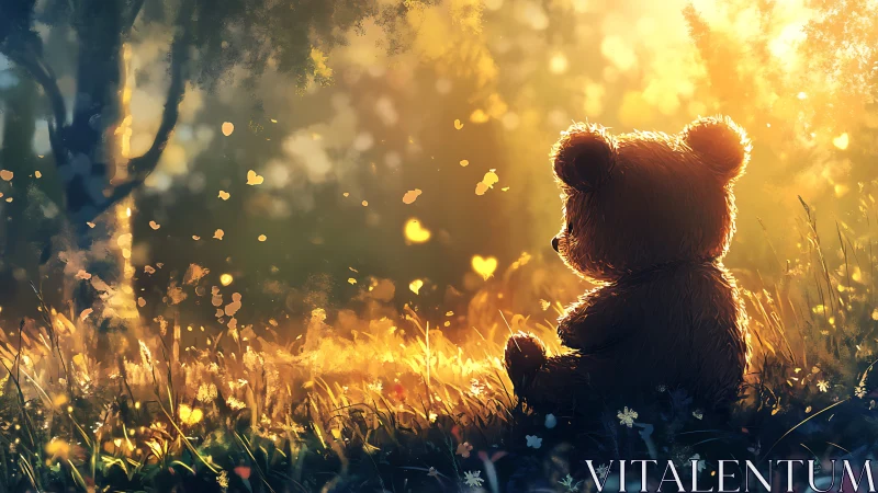 Teddy bear sits in glowing sunset meadow with soft light.
