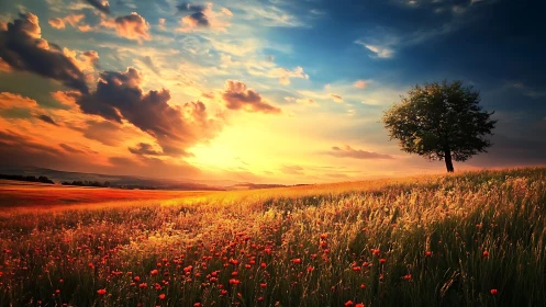 High-saturation sunset landscape with lone tree on sloping meadow