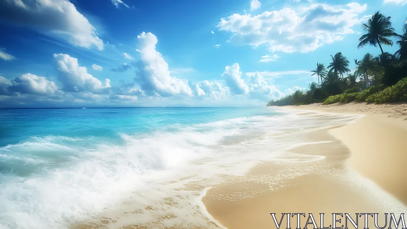 Sunlit surf whispers along a palm crowned tropical shoreline.