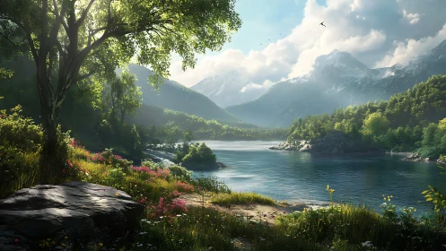 Sunlit mountain lake with wildflowers and forest valley.