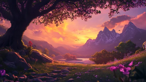 Twilight blossoms trade secrets with the distant violet peaks