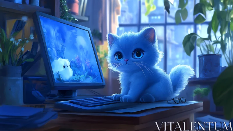 Luminous Blue Feline at Digital Workstation with Ambient Daylight.