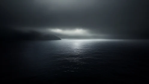 Dark coastal seascape with low clouds and distant light.