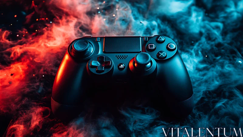 Gaming Controller Suspended in Dramatic Red and Blue Luminescent Atmospheric Effects