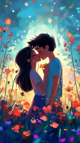 Couple kissing in field of red flowers under luminous sky
