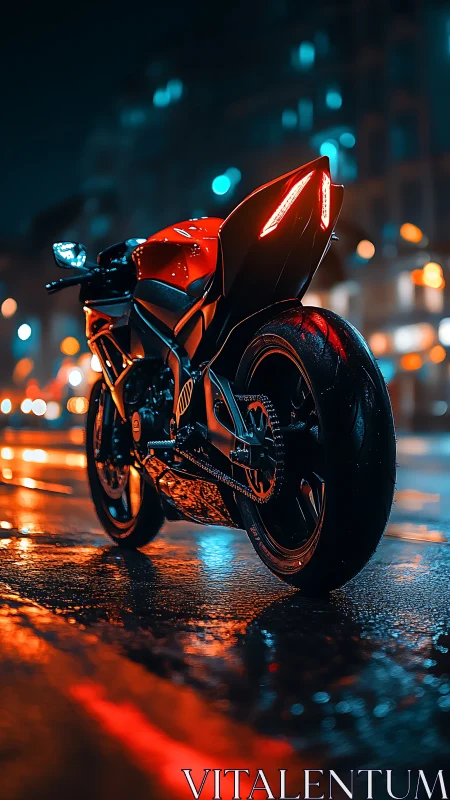 Sleek sport motorcycle glows against neon-lit wet city street