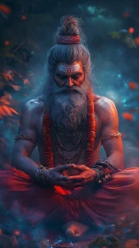 Mystic yogi meditates in glowing forest twilight aura