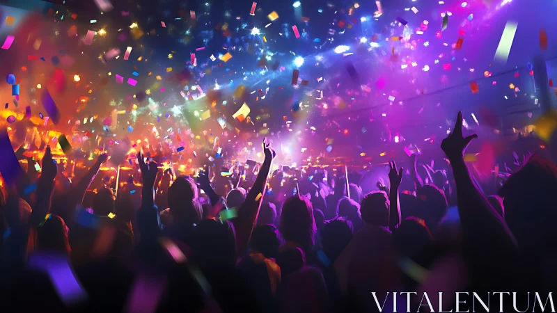 Crowd celebrates under bright stage lights and falling confetti