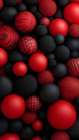 Sculpted red and black spheres in dense geometric cascade.