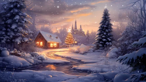 Snowlit cottage glow along a winding winter stream at dusk.