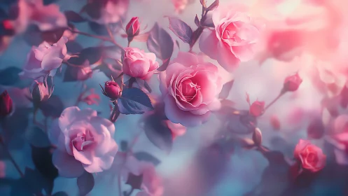 Pink Roses Garden: Soft Light Through Layered Petals and Foliage.