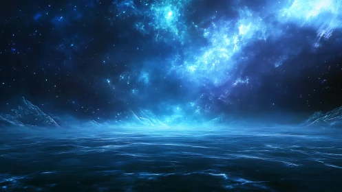 Frozen alien ocean reflects glowing blue galactic nebula