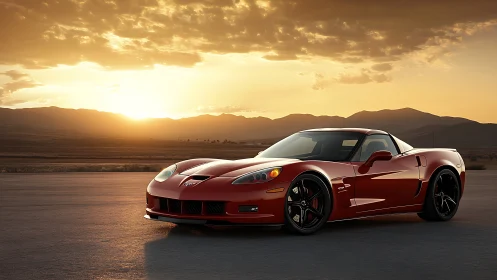 Red sports coupe is parked on an open desert roadway at sunset