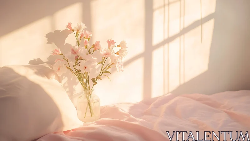 Soft morning light over pink flowers on a serene bed.