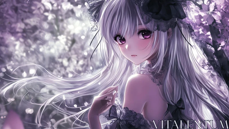 Silver haired anime girl in floral lace dress at dusk.