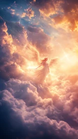 Radiant angel ascends through glowing celestial clouds